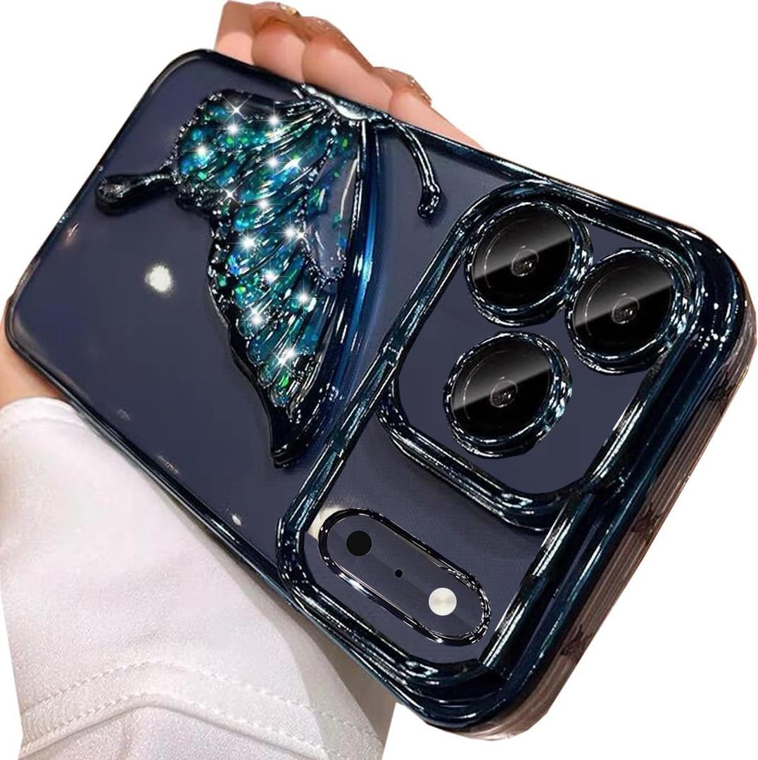 for iPhone 17 Pro Max Glitter 3D Butterfly Case, Cute Luxury Bling Sparkle Liquid Flowing Clear Cover with Camera Lens Protector Plating Bumper Women Girls Case for iPhone 17 Pro Max 6.9",Blue
