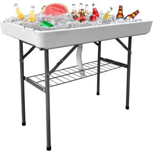 2-Tier Portable Folding Ice Cooler Table, White, with Storage Rack & Drain Hose, Ice Fill Chill Table for Drinks, Food, Camping, Beach, Backyard Parties, Weddings & Events