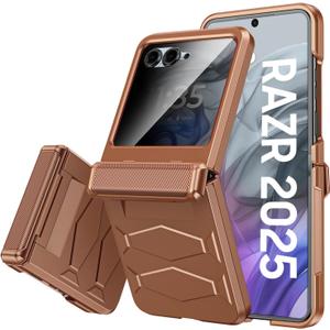 Vizvera for Motorola Razr 2026/2025 Case with Hinge Cover,Built-in Privacy Screen Protector Shockproof All-Inclusive Smartphone Cover Wireless Charging for Motorola Razr 2026MOCA (Desert Gold)
