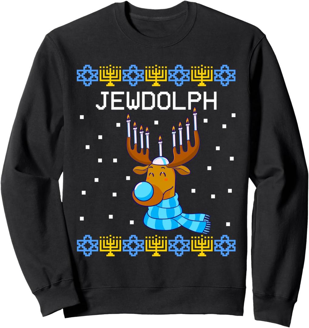 Jewdolph Ugly Hanukkah Sweater Reindeer Menorah Chanukah Sweatshirt (L, Black)
