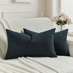 FUTEI Pack of 2 Chenille Decorative Throw Pillow Covers 12x20 Inch,Soft Cozy Faux Linen Textured Lumbar Pillow Cases,Farmhouse Home Decor for Couch Living Room,Navy Blue