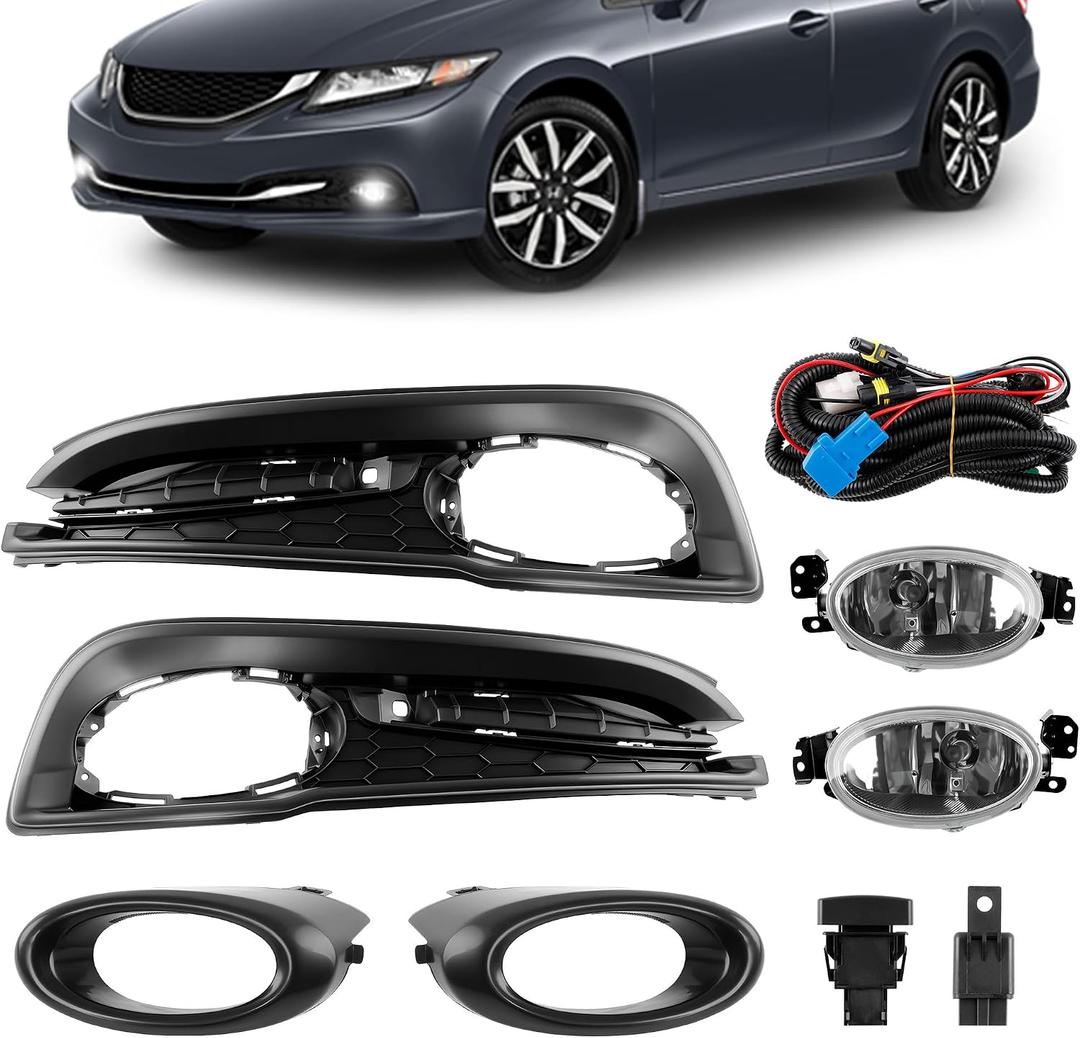 Fog Lights Assembly Compatible with 20132015 Honda Civic Sedan, Front Bumper LED Driving Fog Lamps Kit w/Switch & Wiring Harness (Clear Lens), Replace 33951TR0A51, 33901TR0A51, HO2592135, HO2593135
