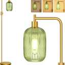 Upgraded Dimmable Glass Floor Lamp for Living Room, Modern Gold Standing Lamp with Green Ribbed Glass Lampshade & Knob Dimmer, Arc Tall Lamp for Bedroom Office Reading Room, 2700K Led Bulb Included