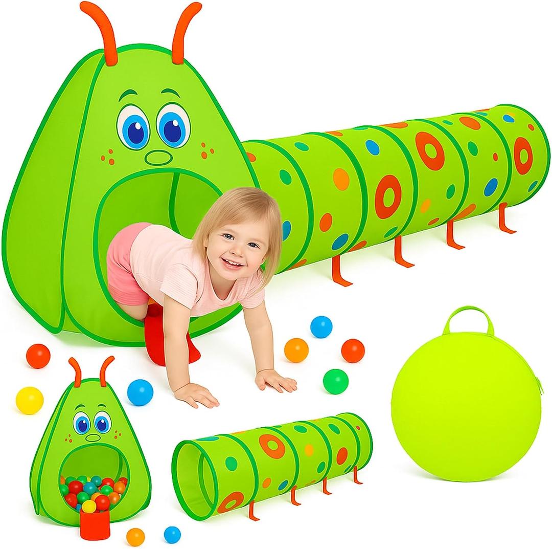 Kiddey Caterpillar Kids Play Tunnel & Tent Toddler Crawl Tunnel + Play Tent, Pop-Up Indoor/Outdoor Ball Pit Playset (Balls Not Included), Folds Flat for Storage