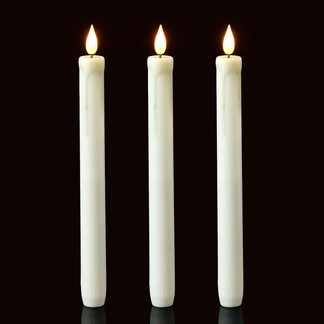 Homemory 3 Pack Flameless Taper Candles, No Remote, Realistic Flickering Battery Operated Candlesticks, White LED Plastic Candle Safe for Weddings, Table Decor, Christmas, and Halloween
