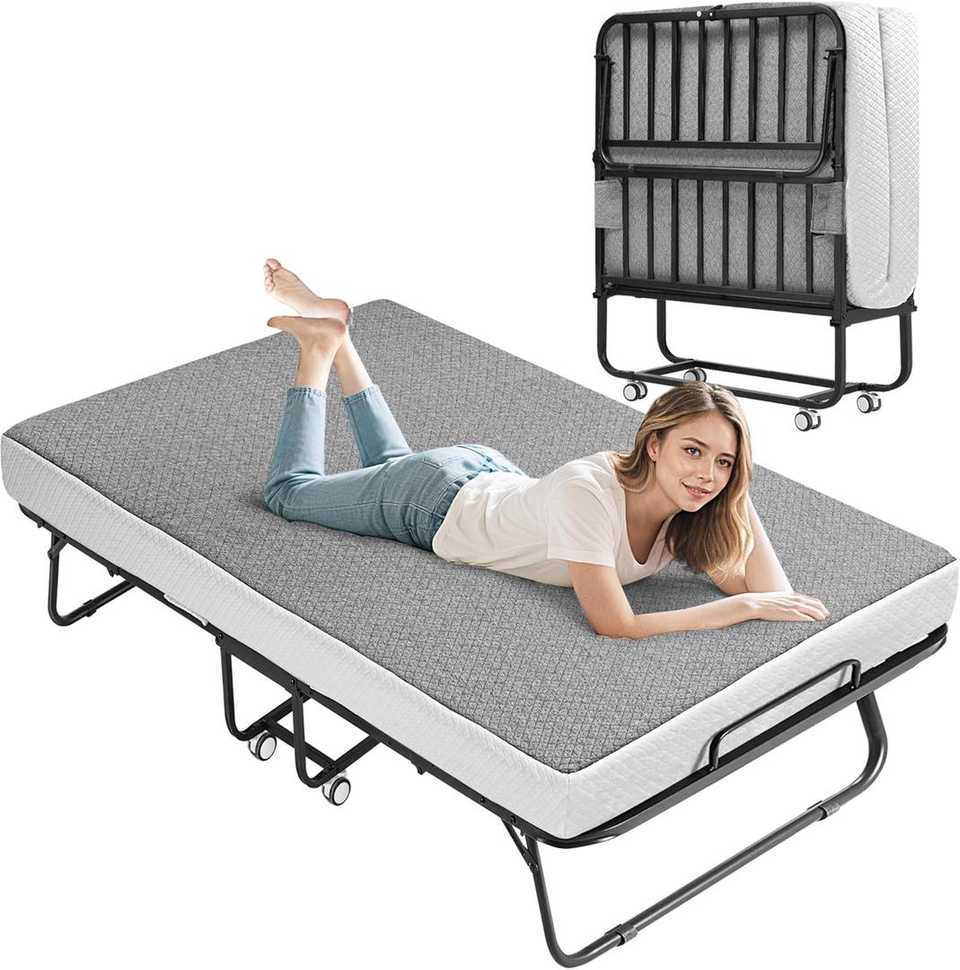 Folding Bed with Foam Mattress, Single Rollaway Bed for Guests, Space Saving Portable Beds with Lockable Wheels, 75" x 38" Twin Size Metal Bed Frame, Easy Assembly & MovingGrey