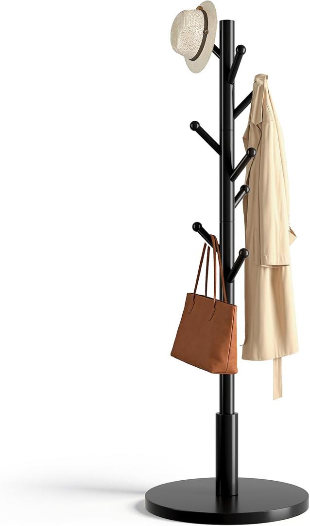 Coat Rack Freestanding Wooden Coat Tree Stand with 8 Round-tip Hooks, 3 Adjustable heights Coat Hat Rack for Entryway,Bedroom,Hallway,Office (Black)
