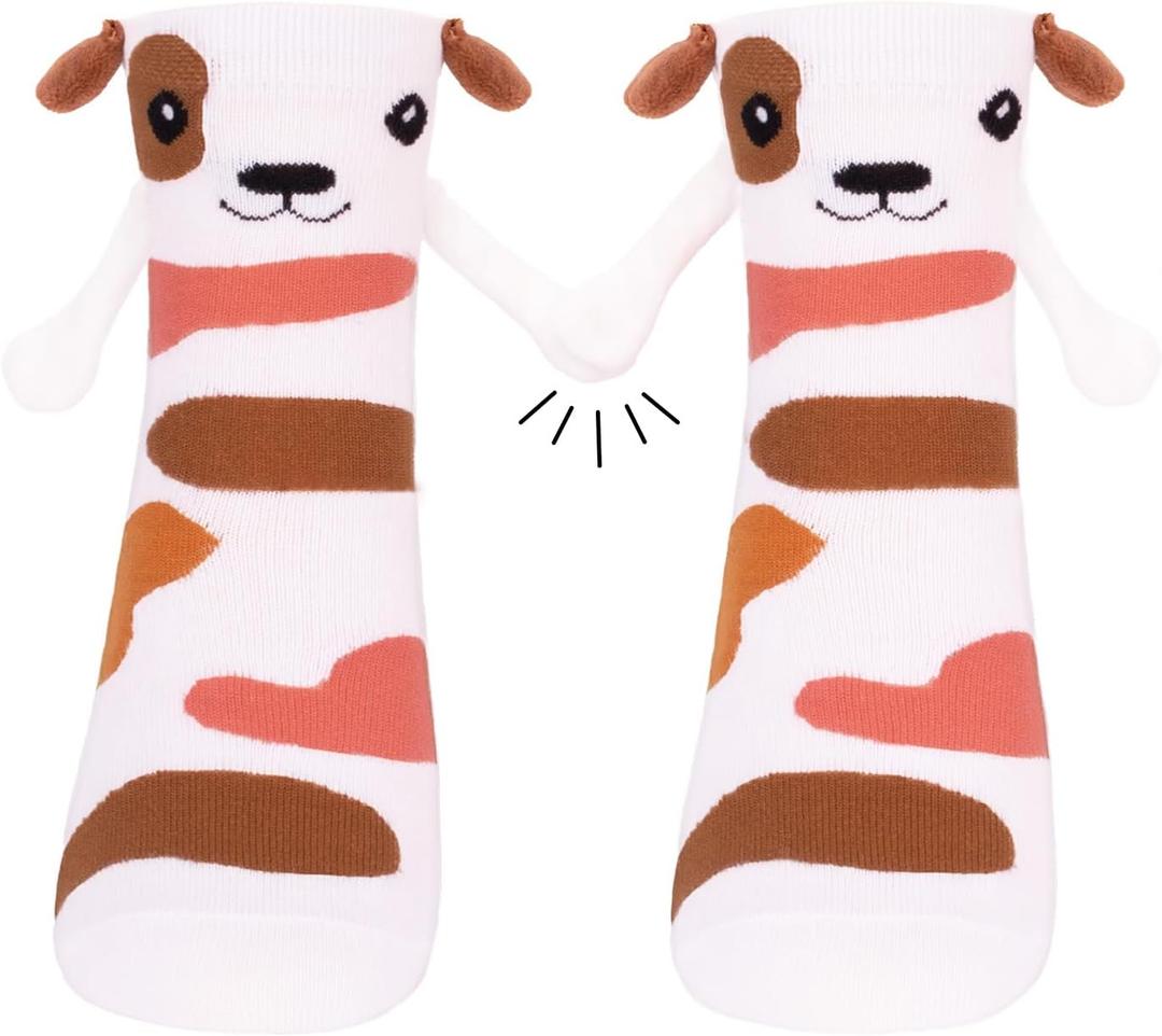 Funny Animal Dog Socks for Women Novelty Magnetic Hand Holding Socks for Girls Teen Birthday Gifts (One Size, White & Brown)
