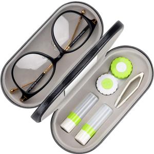 Muf 2 in 1 Double Sided Portable Contact Lens Case and Eyeglasses Case,Dual Use Design with Built-in Mirror,Tweezer and Contact Lens Solution Bottle Included for Travel Kit,Black (Black&Green)