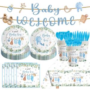 142pcs Greenery Gender Reveal Baby Shower Supplies Party Boho Greency Party Decorations Tableware Set Dessert Plates Napkins Forks for 20 Guests (Blue)