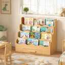 4-Tier Montessori Scalloped Kids Bookshelf with Drawer, 29.6" Wide