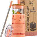 Pandaloo Glass Cups With Lids and Straws -20 Fl Oz- Perfect Size Iced Coffee Cup - Smoothie Cup With Bamboo Lid and On the go Lid (Peach Fuzz, 1 Count (Pack of 1)