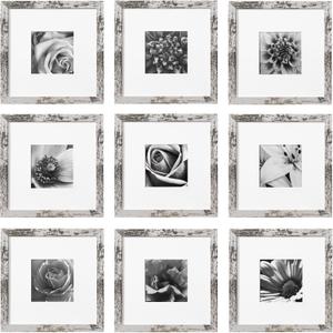 eletecpro 10x10 Picture Frames Set of 9 with Mat for 5x5 Photos or without Mat for 10x10, Square Gallery Wall Decor Collage for Picture Display, Distressed White Frame Set for Wall Hanging