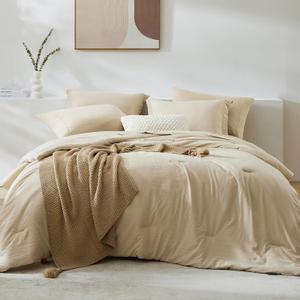 WRENSONGE King Size Comforter Sets, 7 Pieces Beige Soft Bed in a Bag King with Fitted Sheet, Flat Sheet, 2 Pillow Shams, and 2 Pillowcases- Warm Bedding Set for All Season