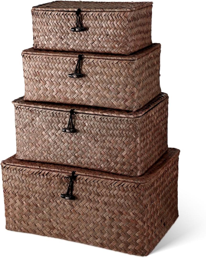 Woanger Set of 4 Wicker Storage Baskets OrganizerHandwoven Storage Bins with Lid for Organizing, Home Utility Box for Home Office Supplies Multipurpose Container(Coffee)