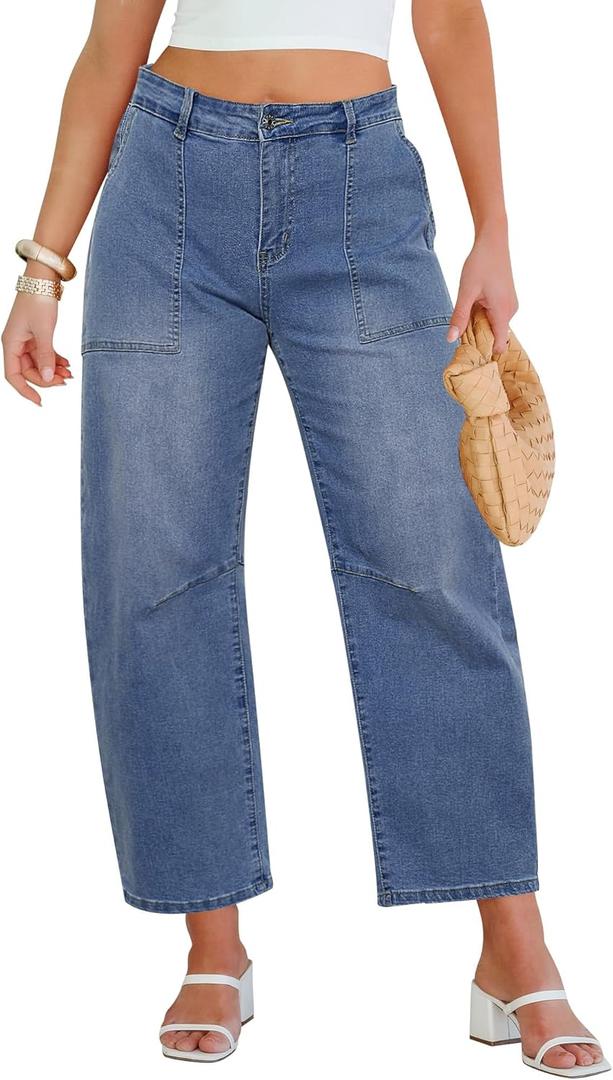 GRAPENT Barrel Jeans for Women High Waisted Trendy Wide Leg Baggy Ankle Length Stretchy Denim Trouser Jeans with Pockets (Small, Seaport Blue) GRAPENT Barrel Jeans for Women High Waisted Trendy Wide Leg Baggy Ankle Length Stretchy Denim Trouser Jeans with Pockets (Small, Seaport Blue)