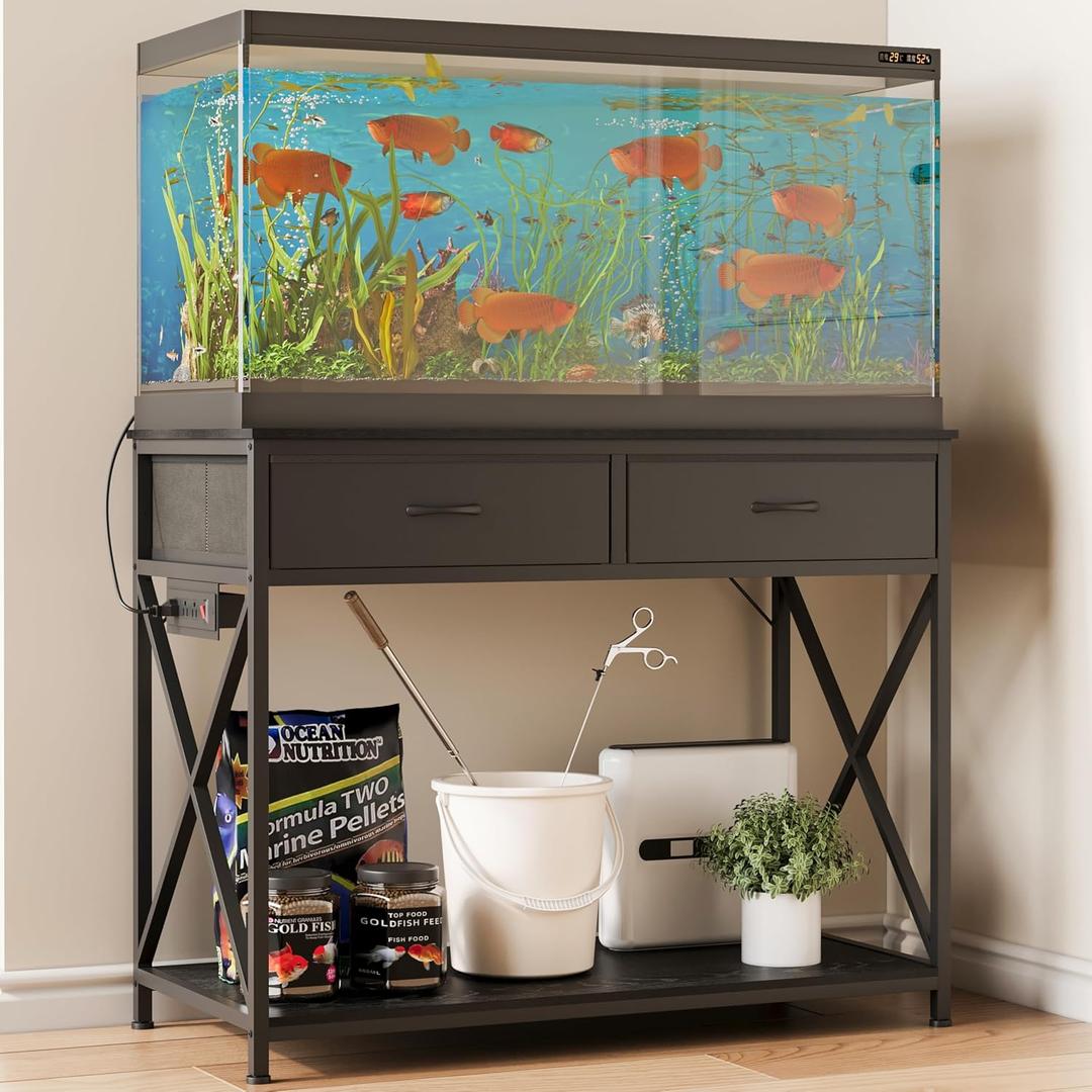 40-50 Gallon Fish Tank StandAquarium Holder with Power Outlet and 2 DrawersHeavy Duty Breeder Turtle Terrarium Stand Suitable for Turtle Tank, Reptile Terrarium, for Home Office (Black)
