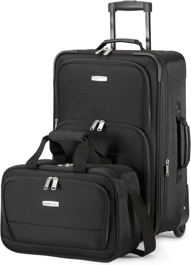 Amazon Basics Softside Luggage Set, 23-Inch Expandable Suitcase with Wheels and 15-Inch Tote, Extra Space (+15%), Front Pockets, Telescopic Handle, Black