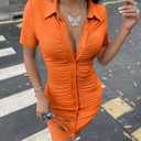 DAAWENXI Women's Sexy V Neck Ruched Button Down Clubwear Night Out Mini Club Dress (Orange, L)