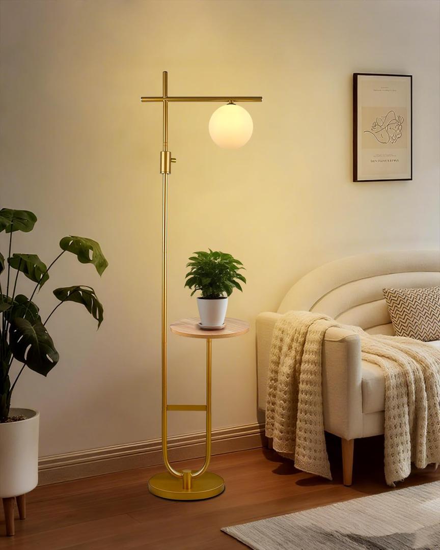 Lightdot 66IN Gold Dimmable Floor Lamps with Storage Table, Modern Standing Tall Lamp with Milky White Globe Lampshade, Cross-Shaped Lamp Head and U-Pole Base Style for Living Room/Bedroom/Office