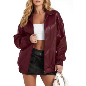 Women's Oversized Leather Jacket, Casual Soft Faux Leather Zip Motorcycle Coat With Pocket 2025 Fall Fashion (Wine Red, XL)