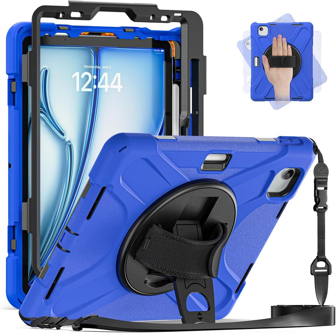 BRAECN for iPad Air 11 Inch M3/M2 (6th Gen) Case 2025/2024,iPad Air 5th /4th Gen 10.9 Heavy Duty Case with Pencil Holder, Hand Strap, Kickstand, Shoulder Strap for iPad Pro 11 -Blue