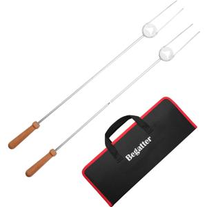 Smores Sticks, Heavy Duty Hot Dog Roasting Sticks for Campfire, 32"" Long Extendable Marshmallow Roasting Sticks for Fire Pit, Stainless Steel Camping Skewers, Beech Wood Handle, 2 Pack