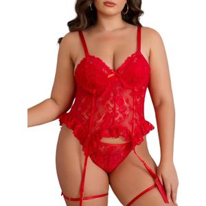 Plus Size Lingerie for Curvy Women Lace Corset with Adjustable Straps and Garter Details Sleepwear (XX-Large, Red)