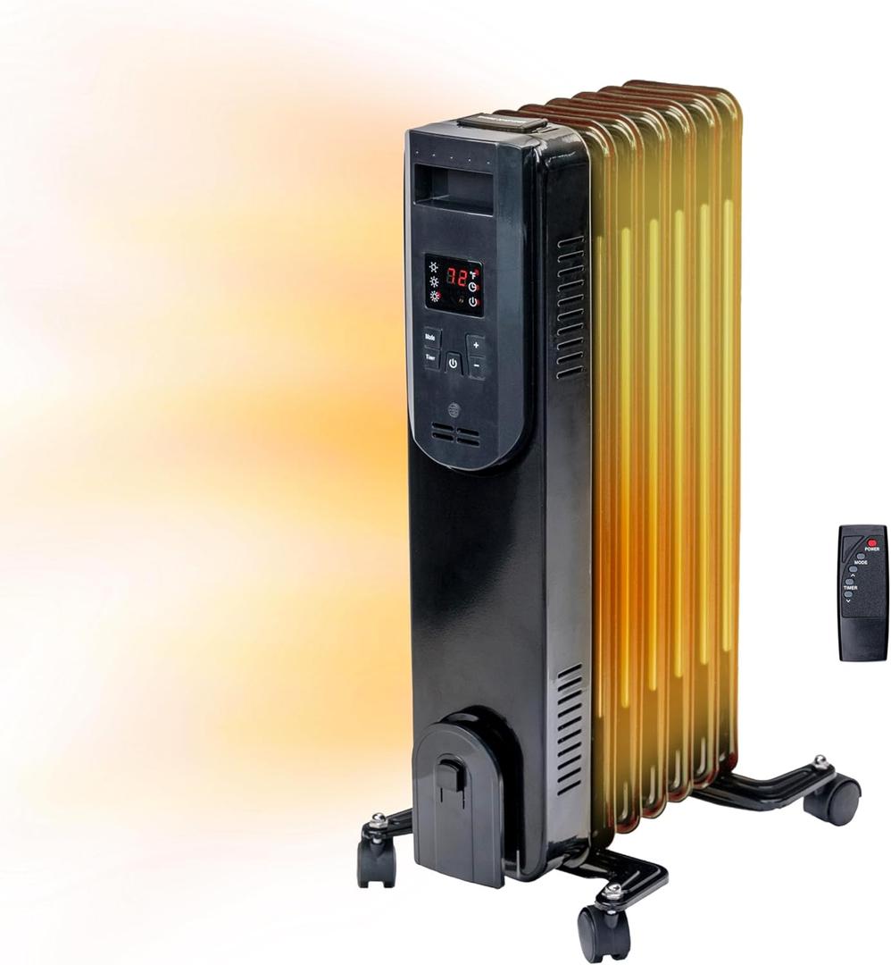 Comfort Zone 1500W Oil-Filled Radiator Heater  Portable Electric Space Heater with Remote, Digital Display, Adjustable Thermostat, Tip-Over & Overheat Protection, No Refill Needed, Black