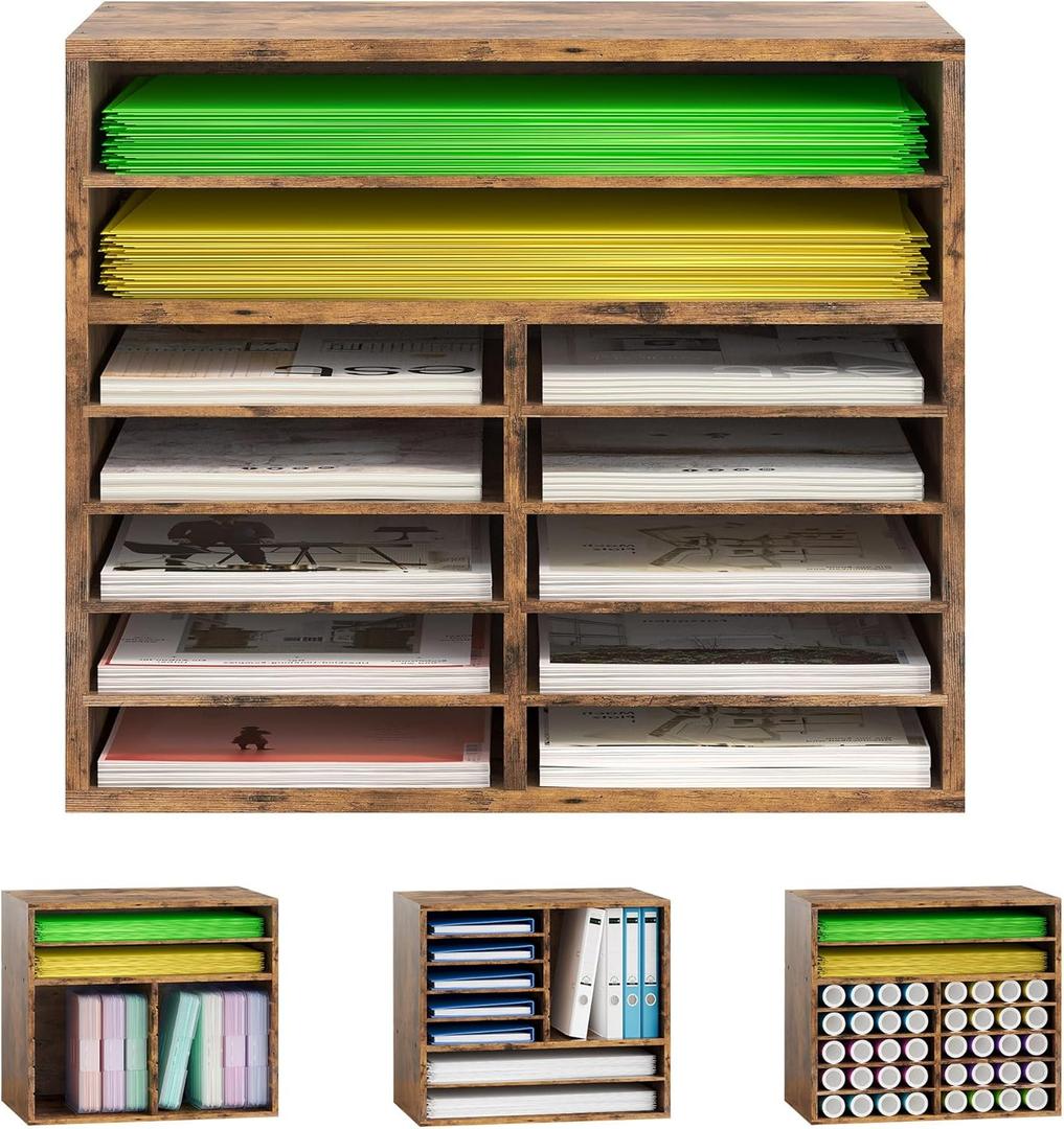 Alpeir 12x12 Scrapbook Paper Storage for Craft Room, Stackable 12 Slots with Adjustable Shelves, Wooden Craft Storage Organizer for A3 A4 Paper Storage Scrapbook Supplies Vinyl Roll, Anqitue