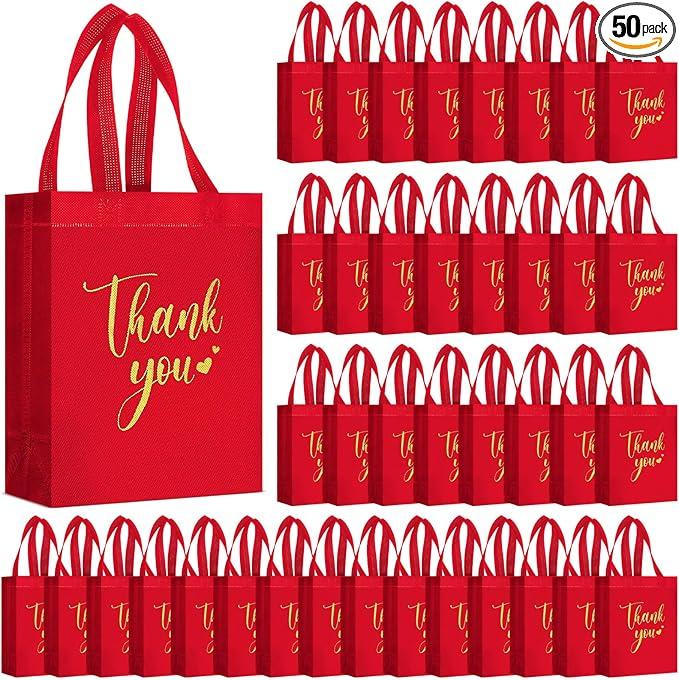 SilTriangle 50 Pcs Thank You Gift Bags with Handles Bulk Thank You Reusable Non Woven Bags Bridesmaid Souvenir Handbags for Valentine's Day Wedding Easter Graduation(10 x 8 x 4 Inch,Red)