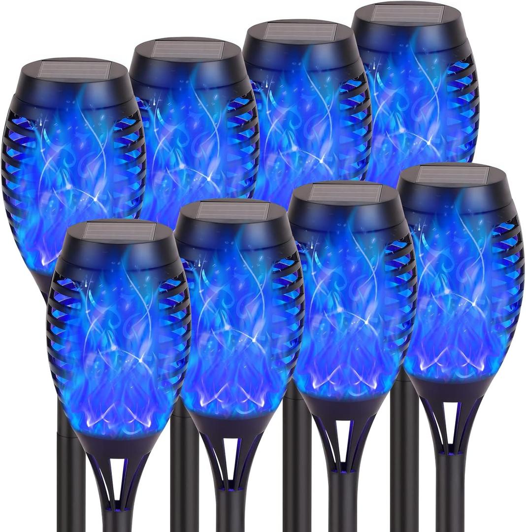 Solar Lights Outdoor, 8Pack Solar Torch Light with Flickering Flame for Garden Decor, Waterproof Outdoor Lighting Landscape, LED Flame Torches for Outside Patio Pathway Yard Decorations (Blue)