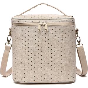 Lunch Bag for Women, Soft Linen Lunch bag with adjustable shoulder strap, Insulated Womens Lunch Bag for Work, Machine Washable Lunch Box with removable liner (Black Small Dots)