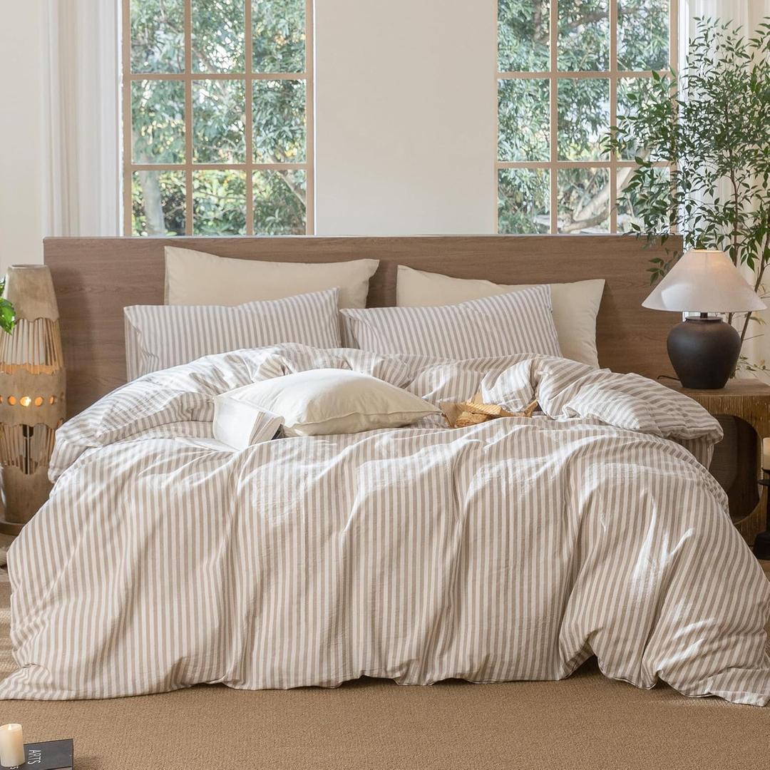 MooMee Striped Duvet Cover Set 100% Washed Cotton Linen Like Textured Breathable Durable Soft Comfy (Tannish Linen Grey White Classic Stripes, Queen 90"x90")