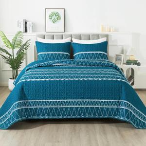 Andency Teal California King Quilt Set, 3 Pieces Boho Lightweight Soft Striped Cal King Bedspread for All Season (112"x104"), Printed Bohemian Microfiber Reversible Coverlet Comforter Sets