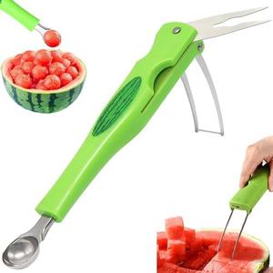 Pack of 4 JAYVAR Watermelon Slicer Cutter Knife with Melon Baller Scoop Set，Fruit Scooper Watermelon Knife for Ice Cream Melon，Dig Pulp Separator Fruit Slice