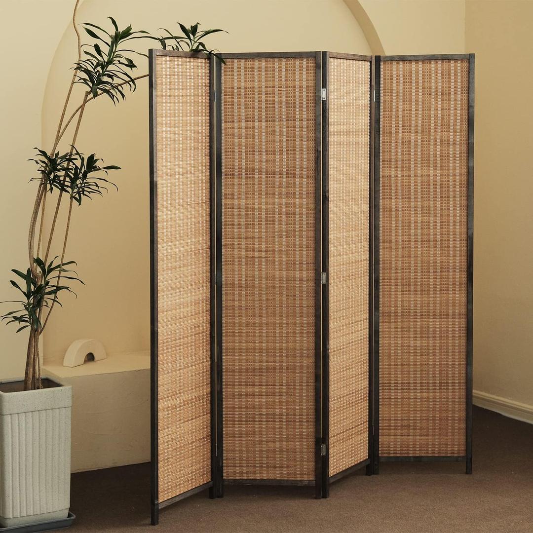 4 Panel Bamboo Room Divider and Folding Panel Screen, Bamboo Panel Divider for Room Separation,Brown,67" H x 61.4" W
