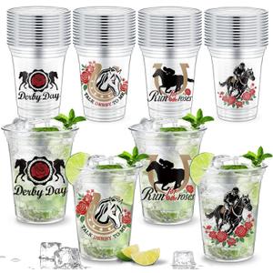 M AMFEOV Derby Plastic Cups Bulk, 48 Pcs Derby Mint Julep Cups for Derby Party Supplies, 16oz Horse Racing Party Decorations Supplies, Plastic Derby Cup for Horse Racing Party Decor