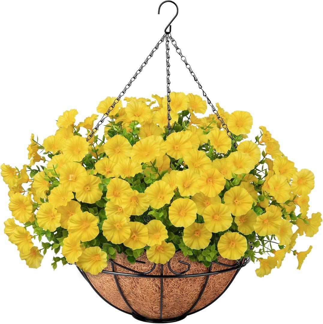 Ouddy Decor Artificial Hanging Plants Flowers Basket for Spring Summer Outdoor Decor, Fake Hanging Flowers Faux Silk Morning Glory UV Resistant for Patio Yard Porch Garden Home Decorations, Yellow