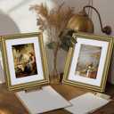 eletecpro 8x10 Picture Frames Set of 4, Gold Frames 8 x 10 with Glass Cover, Vintage Photo Frame Displays 5x7 Photo with Mat or 8x10 without Mat for Tabletop or Wall Decor, Gold