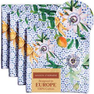 Maison d' Hermine 100% Cotton Cloth Napkins Set of 4 Everyday Reusable Square Napkins Cloth Washable Dinner Party Wedding Restaurant Hotel Kitchen Spring Summer (Passiflora, 20" x 20")