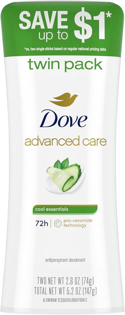 Dove Advanced Care Anti Deo Stick Cool Essentials Twin Pack for helping your skin barrier repair after shaving 72 h odor control and all-day sweat protection with Pro Ceramide Technology 2.6 oz