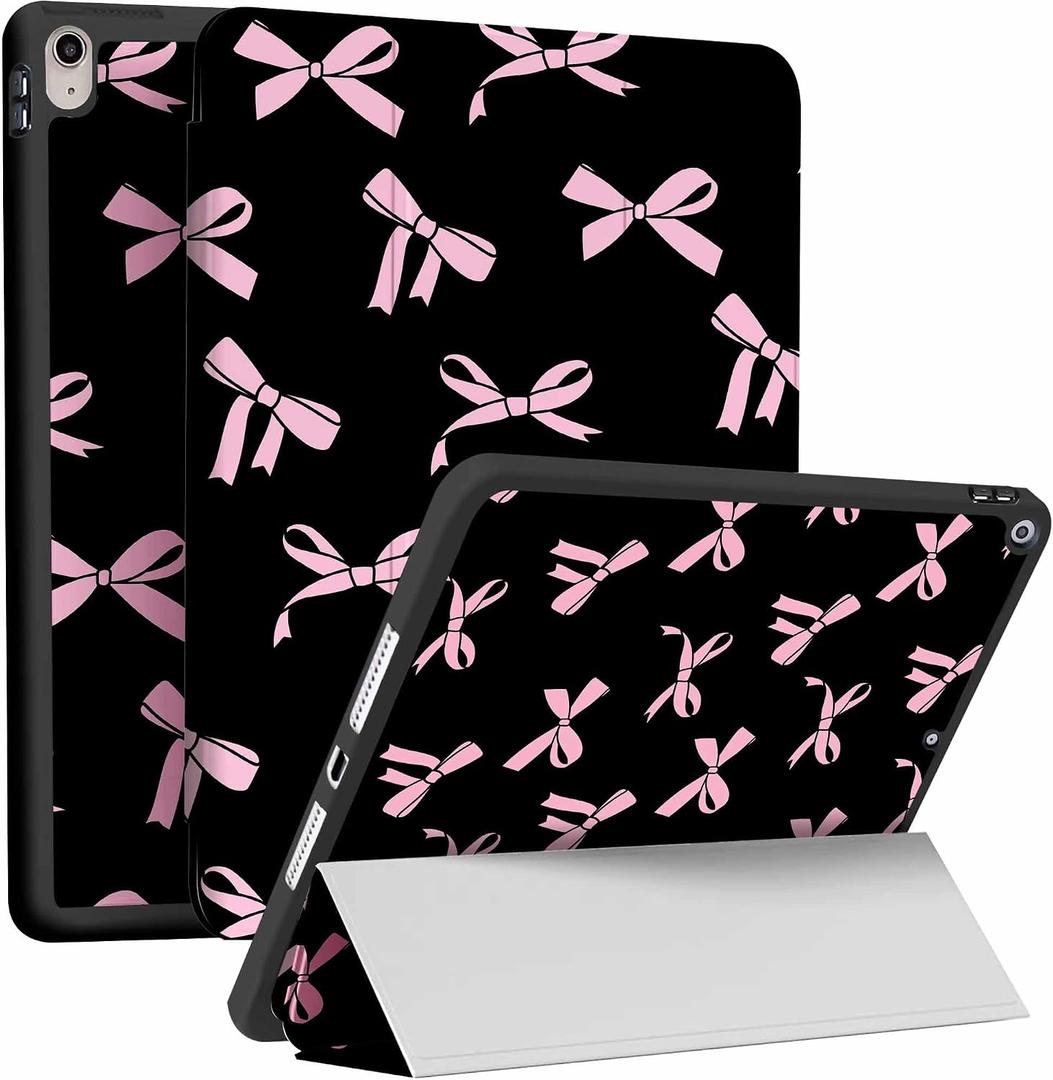 Case for iPad Air 11-inch M3 2025 M2 2024, iPad Air 5th 2022/4th Generation 2020 10.9-inch,Auto Sleep/Wake,Trifold Smart Stand Shockproof Cover Case for Women Girls (Black and Pink Bow)