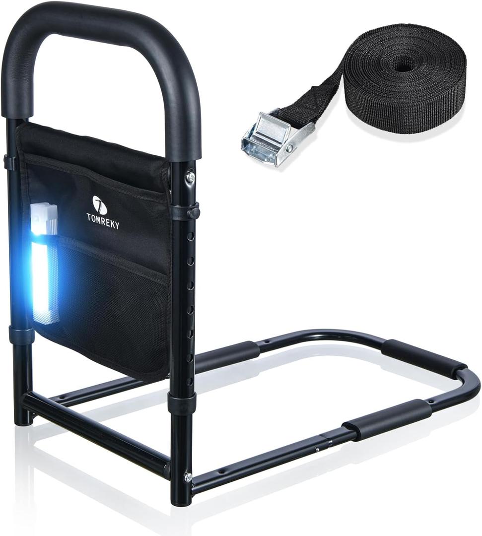 Bed Rails for Elderly Adults Assist Safety with Motion Light for Seniors Hand Bar Grab with Storage Pocket Patent Stabilizer with Fixing Strap, Support Up to 300lbs (Black)
