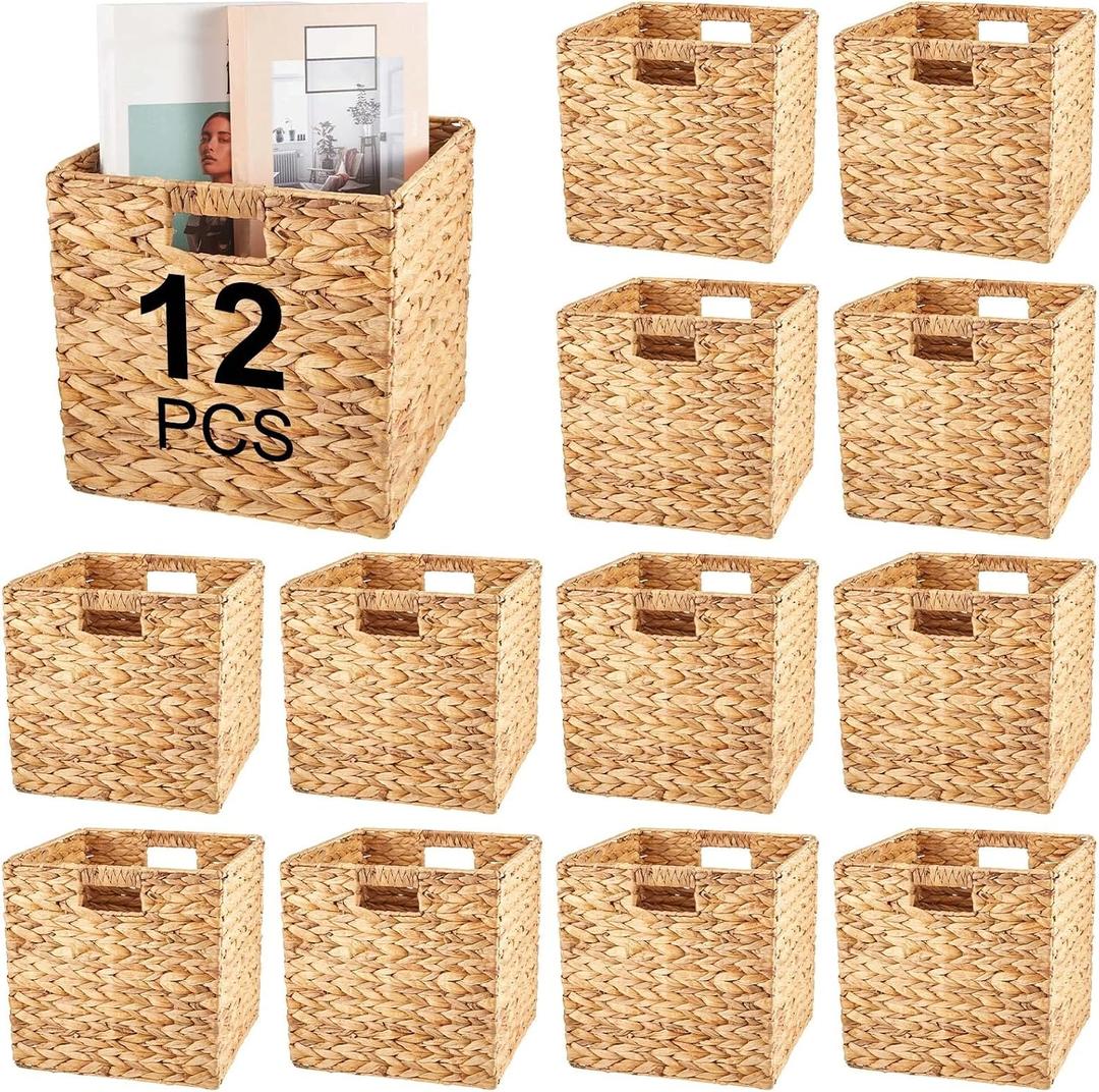 Jinei 12 Pcs Water Hyacinth Storage Baskets 11"x11"x11" Wood Color