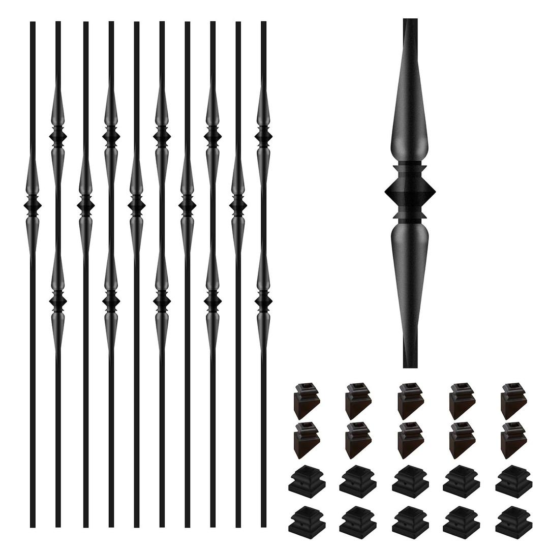 10 Pack Staircases Iron Balusters -1/2'' Square Hollow Metal Spindles with Single Spoon and Double Spoon Design, Includes 10 Flat Shoes & 10 Angle Shoes