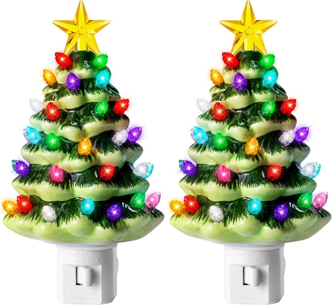 JOYIN 5.5" 2 Pcs Ceramic Xmas Tree Night Lights, Classic Christmas Decor Night Lights with 54 LED, Mini Tree Lights Plug in Christmas Decoration, Bedroom Living Room Hallway Holiday Indoor Decor