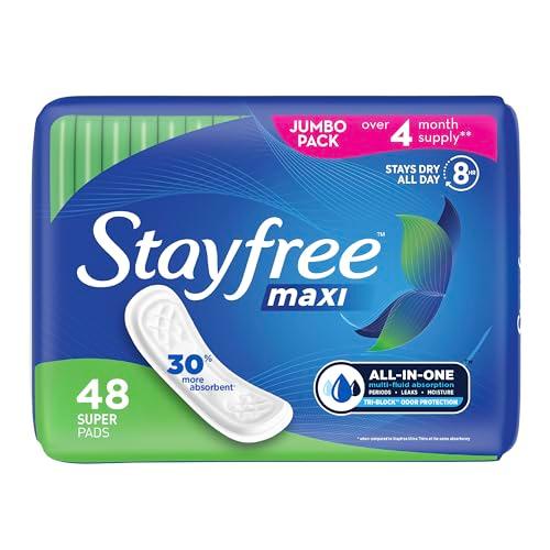 Stayfree Maxi Super Long Wingless Reliable Protection and Absorbency Pads For Women, 48 Count (Pack of 1)