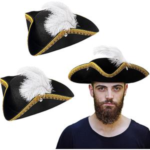 Liitrsh 2 Pcs Tricorn Pirate Hat with Feather, Buccaneer Colonial Hat for Adults Renaissance Costume for Halloween Party (Black and White)
