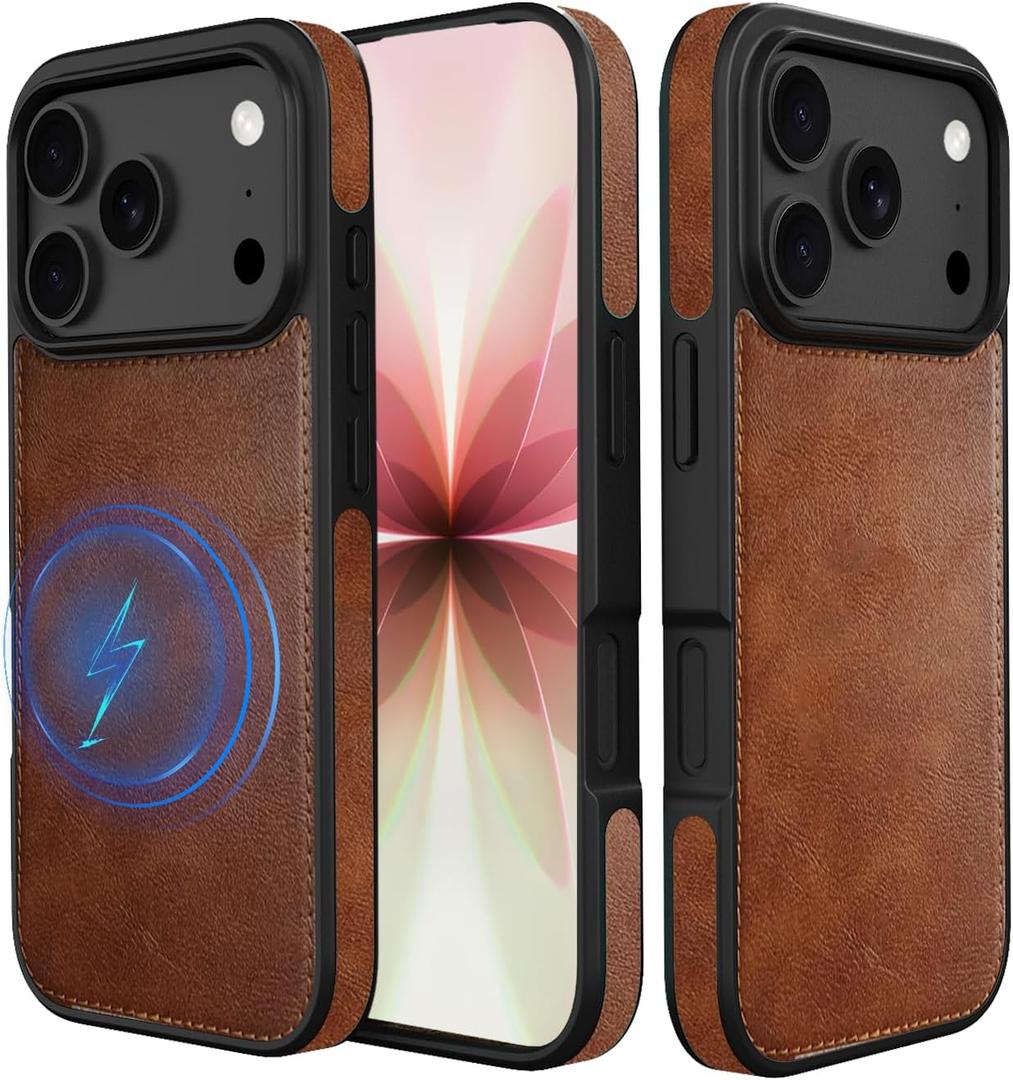 for iPhone 17 Pro Max Case Compatible with MagSafe,Premium PU Leather Shockproof Anti Fingerprint Strong Magnetic Grip for Secure Commute and Travel - Brown